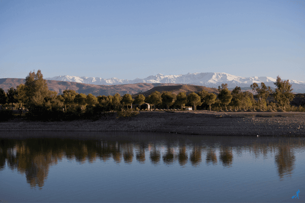 Scenic view of Lake Lalla Takourkoust with olive trees in the foreground and snow-capped mountains in the background.